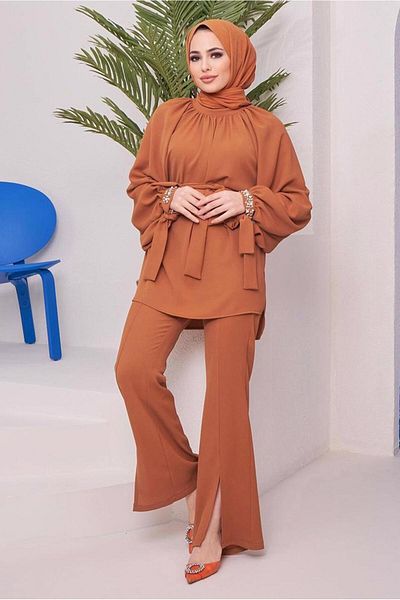 TRENDTESETTÜR Γυναικείο Παντελόνι Καφέ (ΚΑΡΑΜΕΛΑ) Μανσέτες Πέτρα Κεντημένη Μέση Ζώνη. Ο ομιλίας 11051