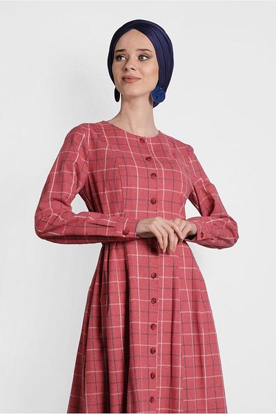 TRENDTESETTÜR Women's Red Plaid Buttoned Dress 40370