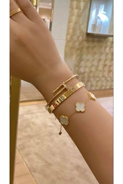 ANGELSS JEWELLERY Üçlü Kombin Gold Marka Model Çivi Kelepçe Bileklik (3’lü Set YONCA MODEL BİLEKLİK)