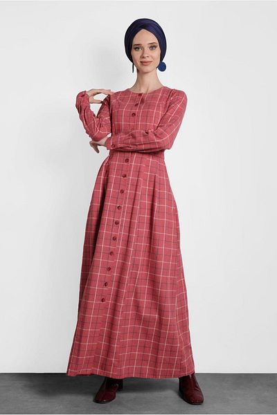 TRENDTESETTÜR Women's Red Plaid Buttoned Dress 40370