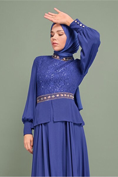 TRENDTESETTÜR KADIN LACİVERT (SAKS) Taşlı Pul Payetli Abiye Elbise 5948