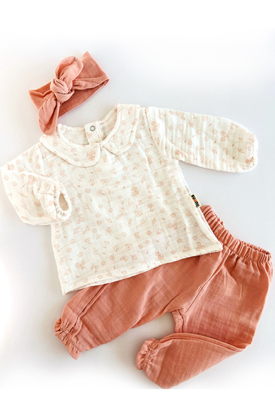 KUENS KuensKids Kız Bebek 2'li Müslin Takım Bandana ve Çıtçıt Detaylı Pembe R...