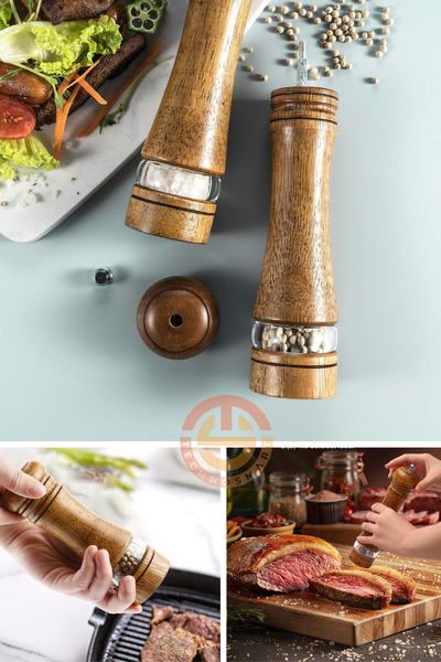 TechnoSmart Premium 22cm Natural Wood and Acrylic Clear Spice Grinder - Black Pepper Salt 2 Pcs