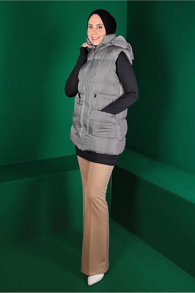 TRENDTESETTÜR سترة نسائية رمادية قابلة للنفخ مع جيوب برباط على الخصر 1010