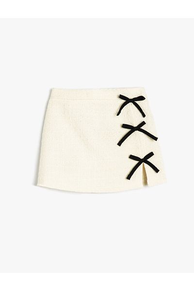 Koton New Season Tweed Skirt with Bow Detail and Slit Detail