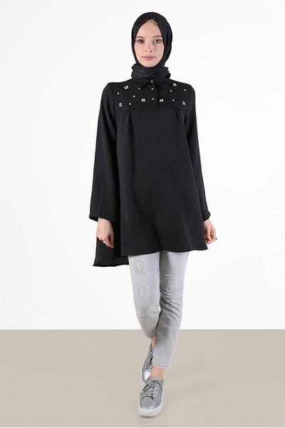 TRENDTESETTÜR Women's Black Stone Detailed Men's Collar Tunic 7381