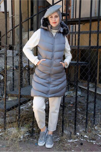 TRENDTESETTÜR Women's Gray Zippered Hooded Puffer Vest 9051