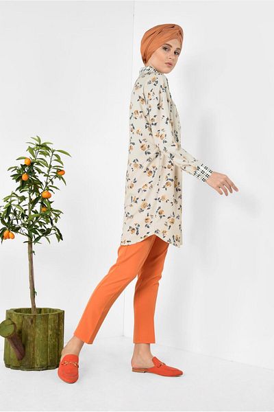 TRENDTESETTÜR Women's Beige Collar and Cuffs Plaid Tunic 4909