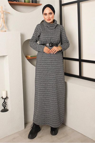 TRENDTESETTÜR Γυναικείο φόρεμα με ζώνη με μαύρο έθνικ σχέδιο 0182