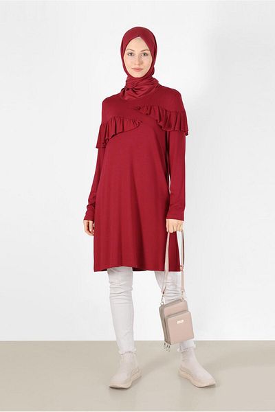 TRENDTESETTÜR Women's Red Ruffle Detailed Tunic 41231