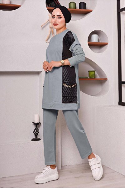 TRENDTESETTÜR Women's Gray Pockets Chain Detailed Double Pants Suit 3182
