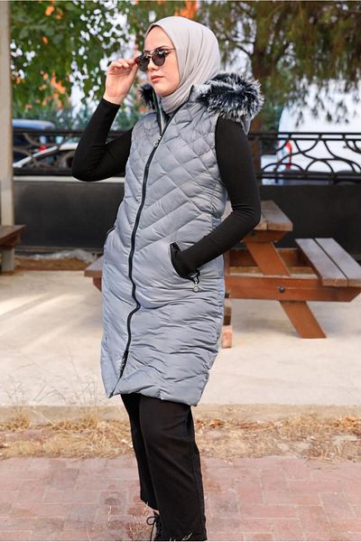 TRENDTESETTÜR Women's Gray Hooded Quilted Puffer Vest 0021