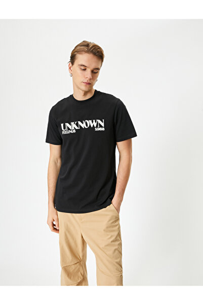 Koton Black Men's Slogan Printed T-Shirt