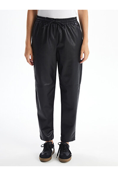 LC Waikiki Black Elastic Waist Leather Look Women's Trousers