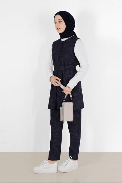 TRENDTESETTÜR Γυναικείο μπλέ Navy με κουμπιά και ζώνη διπλό παντελόνι. Σετ 41147
