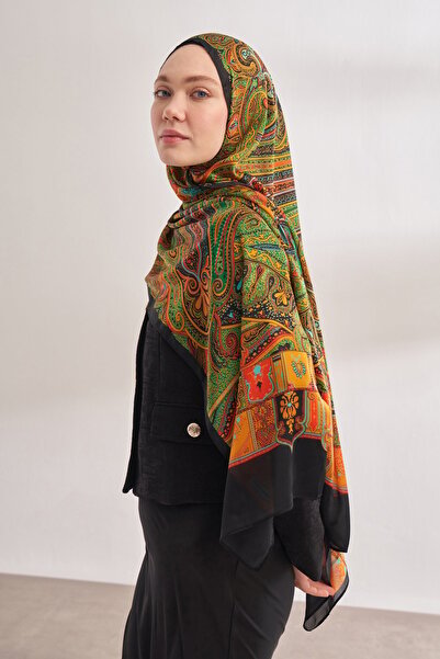 ARMANDA Μαύρο-πορτοκαλί μυστικό μοτίβο εισαγόμενο σάλι Voile