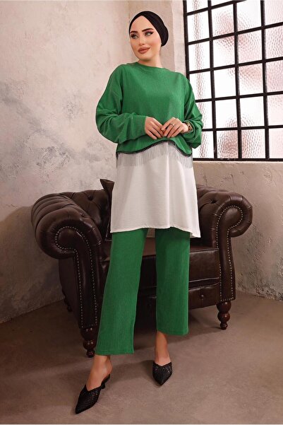 TRENDTESETTÜR Women's Green Chain Detailed Double Pants Set T 1492