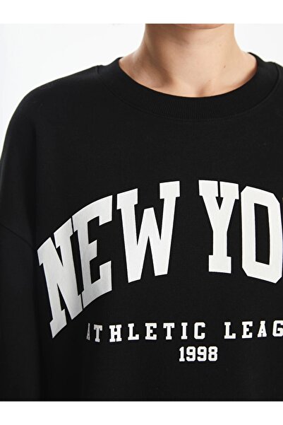 LC Waikiki XSIDE Μαύρο Crew Neck Printed Oversize Γυναικείο Χοντρό Φούτερ