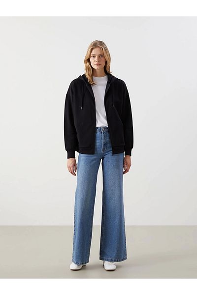 LC Waikiki Lcw Modest Black Hooded Oversize Women's Zip-Up Sweatshirt