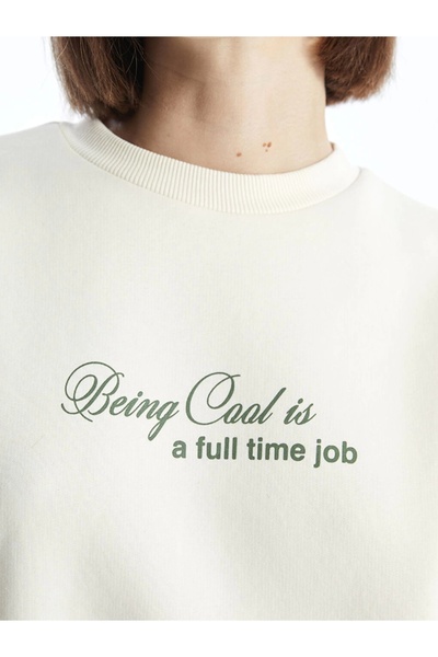 LC Waikiki Γυναικείο χοντρό φούτερ LCW Vision Beige Crew με στάμπα Oversize