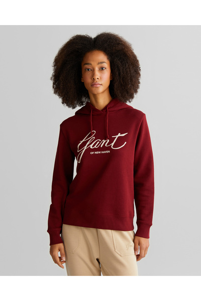 Gant Kadın Bordo Relaxed Fit Kapüşonlu Logolu Sweatshirt