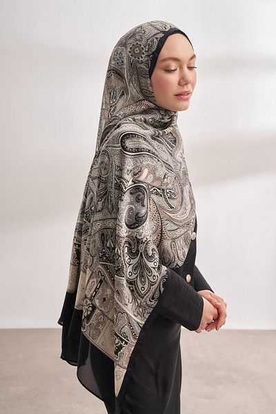 ARMANDA Mystical Pattern Imported Voile Shawl - Black-Cream