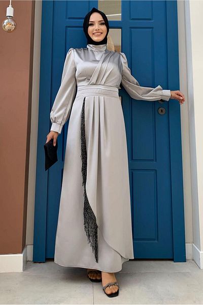 TRENDTESETTÜR Σατέν βραδινό φόρεμα με λεπτομέρεια γκρι φούντα - T 3689