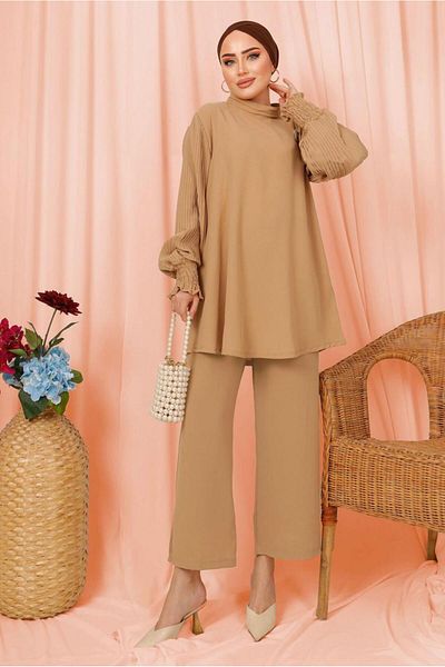 TRENDTESETTÜR Γυναικείο καφέ (CAMEL) Σετ παντελονιού κρεπ με λεπτομέρεια με πλισέ T 5303