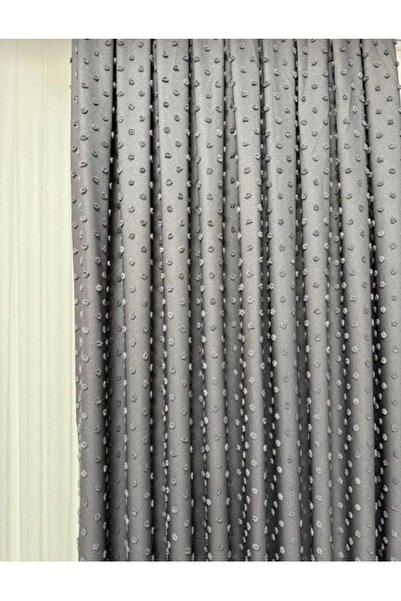 CEMRE Rüyaper Fon Full Ponponlu Gri Ipek Keten 1/3 Sık Pile (TEK KANAT)