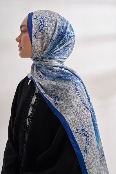 ARMANDA Imported Voile Silk Nuit Pattern Shawl Saks Blue