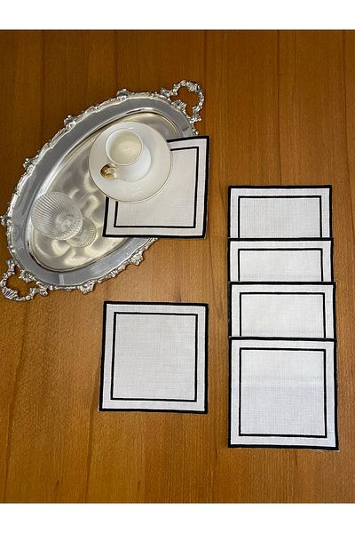Smiling Home 6 Pieces Linen Ecru Color Double Square Black Embroidered Cocktail Presentation Napkin