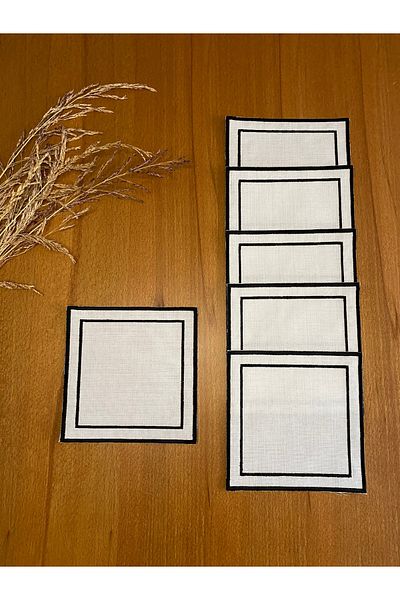 Smiling Home 6 Pieces Linen Ecru Color Double Square Black Embroidered Cocktail Presentation Napkin