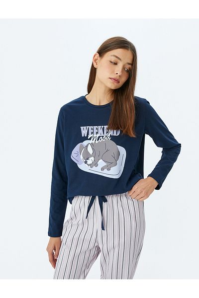 Koton Dog Graphic Printed Cotton Striped Pajamas Set
