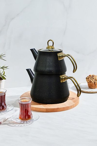 YUNUSOĞLU HOME Black Granite Plated Glass Lid Teapot with Gold Handle