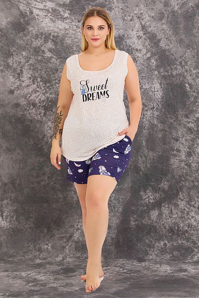 quilling Navy Blue Color and Patterned Oversize Large Size 10423 Women's Mother Pajama Set with Shorts