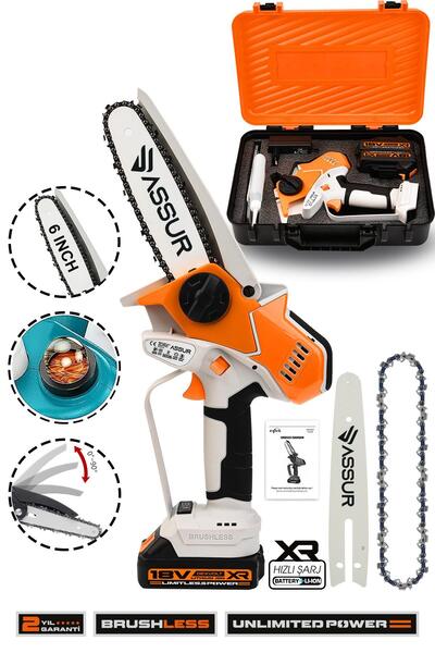 ASSUR Extra Kömürsüz Motor Şarjlı El Testeresi Ağaç Odun Dal Kesme Budama Tur...