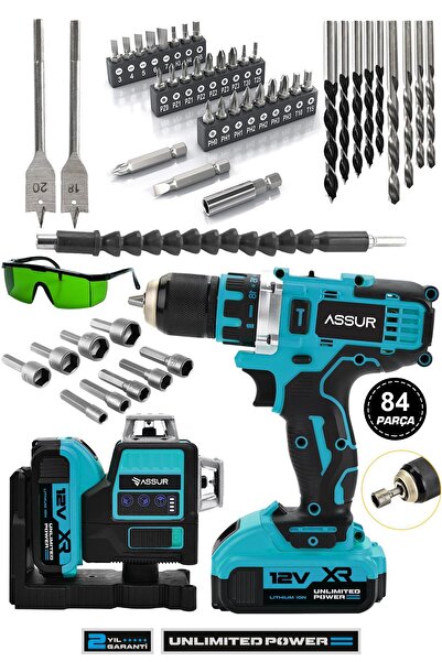 ASSUR PLUS Assur Pro Çelik Mandren 84 Parça Şarjlı Matkap Mavi ve Çift Akülü 12 Köşe 360° Otomatik Hizalamalı L