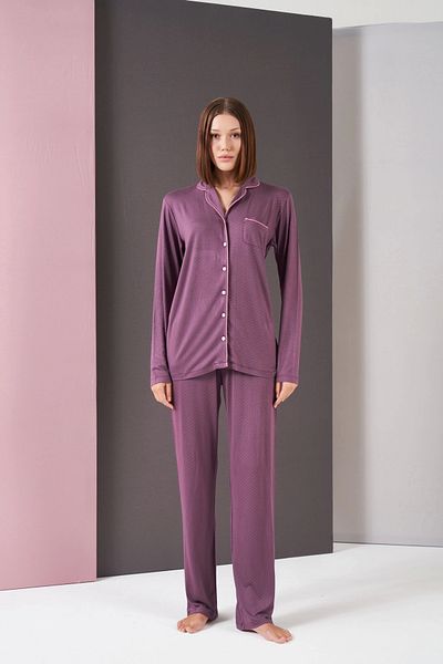 PJS Set de pijamale cu mânecă lungă cu buline cu nasturi pentru femei