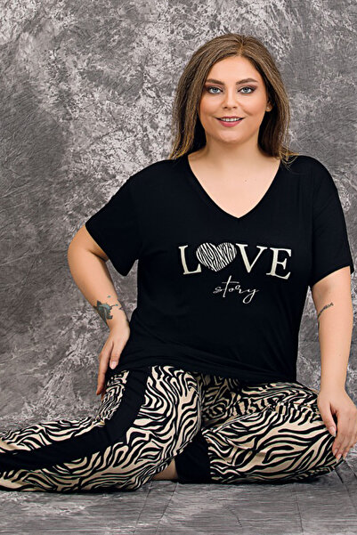 quilling Black Color Zebra Patterned 10993 Women's Short Sleeve Plus Size Mother Pajama Set