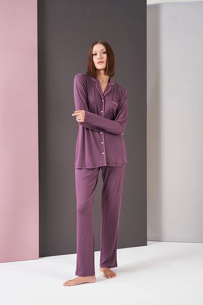 PJS Set de pijamale cu mânecă lungă cu buline cu nasturi pentru femei