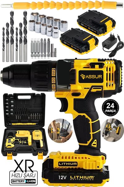 ASSUR PLUS Assur 12V 1.5Ah Metal Şanzıman Çift Akülü Bakır Sargı 24 Parça Şar...