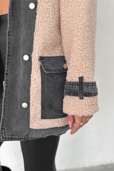 FEMELLE Women's Beige Standard Size Double Breasted Lapel Double Pocket Button Denim Jeans Detailed Coat