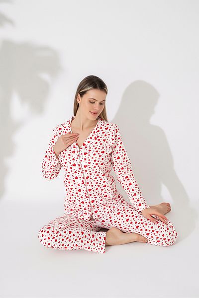 Sude HOMEWEAR Women's Heart Print Long Sleeve Shirt Pajama Set