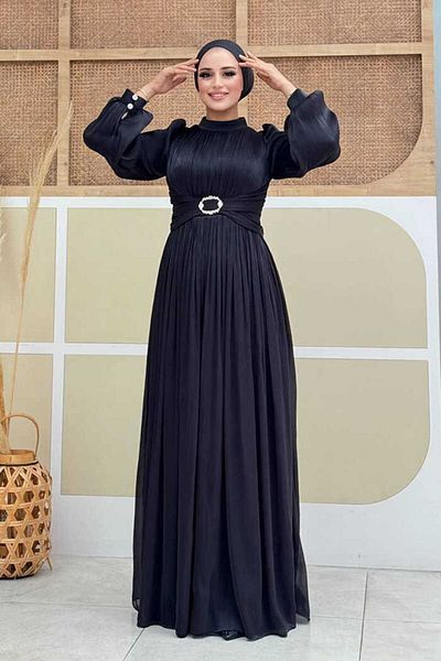 Bym Fashion Βραδινό φόρεμα με πλισέ μαύρο μπαλόνι - Μοντέλο 7013