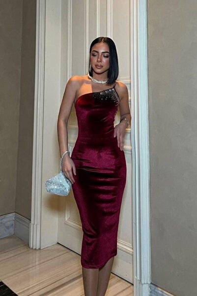 Mossta Burgundy Midi Velvet Dress - One Sleeve and Stone Detail