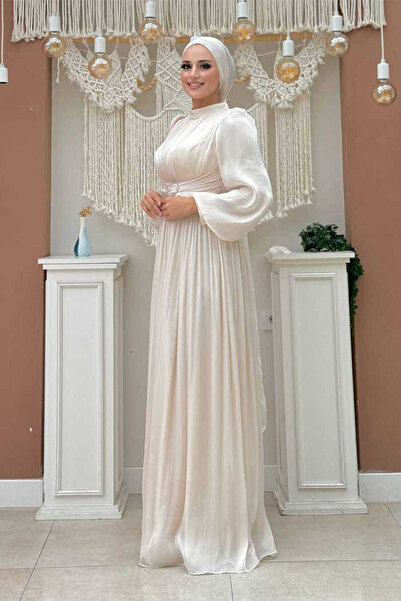 Bym Fashion Stone Color Balloon Sleeve Pleated Evening Dress 7013