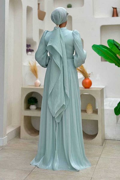 Bym Fashion Βραδινό φόρεμα με πλισέ μανίκι μέντα - 7013