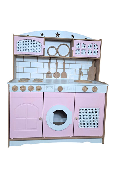 hedefixtoys Doğal Hayal Eğlenceli (PEMBE-HAM) Ahşap Oyun Mutfağı 9 Parça Serv...