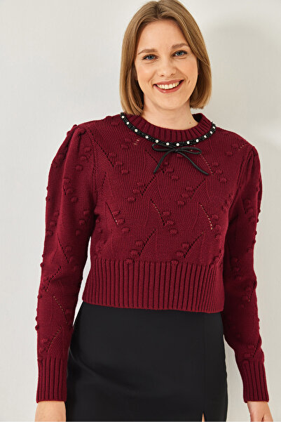 Bianco Lucci Pulover de damă cu guler cu mărgele și fundă 20246308