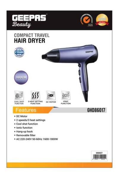Geepas Compact Travel Hair Dryer |1800W Portable Ionic Fast Drying Blower